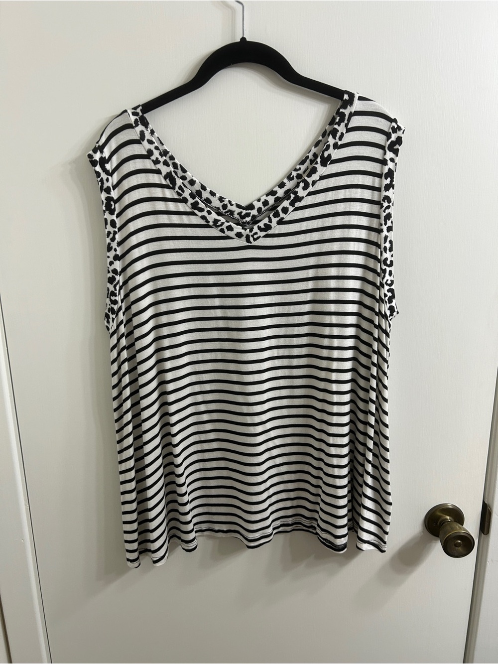 Heimish Sleeveless Black & White Striped V-Neck Tank with Leopard Trim